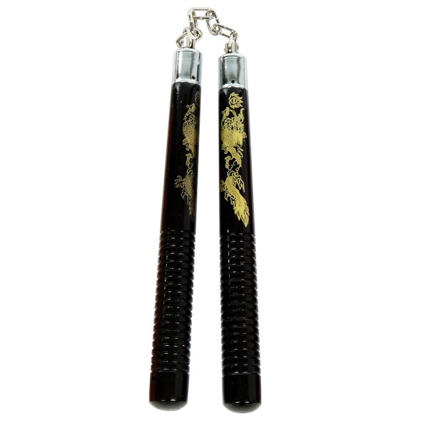 Nunchaku in legno nero con drago e scanalature