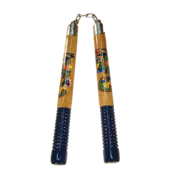 Nunchaku in legno naturale con scanalature blu