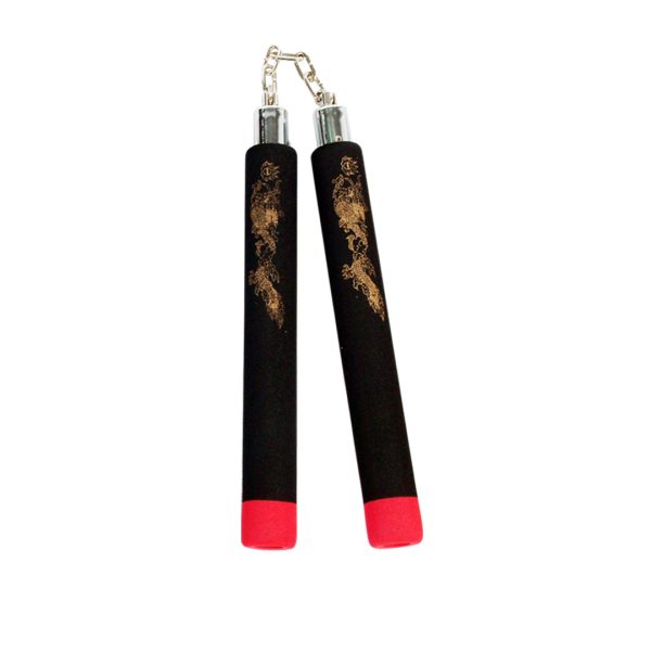 Nunchaku in gommapiuma nero e rosso con drago